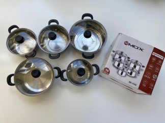 Juego de Politas x10 PCs marca MOX Capacidad para ponerlo en Vitro ceramica Gas Mango y asas anti quemaduras Acero inoxidable Facil de limpiarlo Induccion Duradero