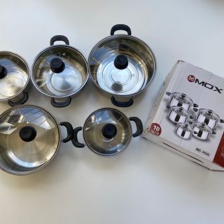 Juego de Politas x10 PCs marca MOX Capacidad para ponerlo en Vitro ceramica Gas Mango y asas anti quemaduras Acero inoxidable Facil de limpiarlo Induccion Duradero