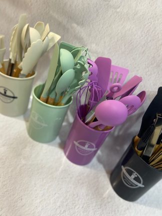 Juego de utensilios X12 PCS de silicona reforzada y base de madera