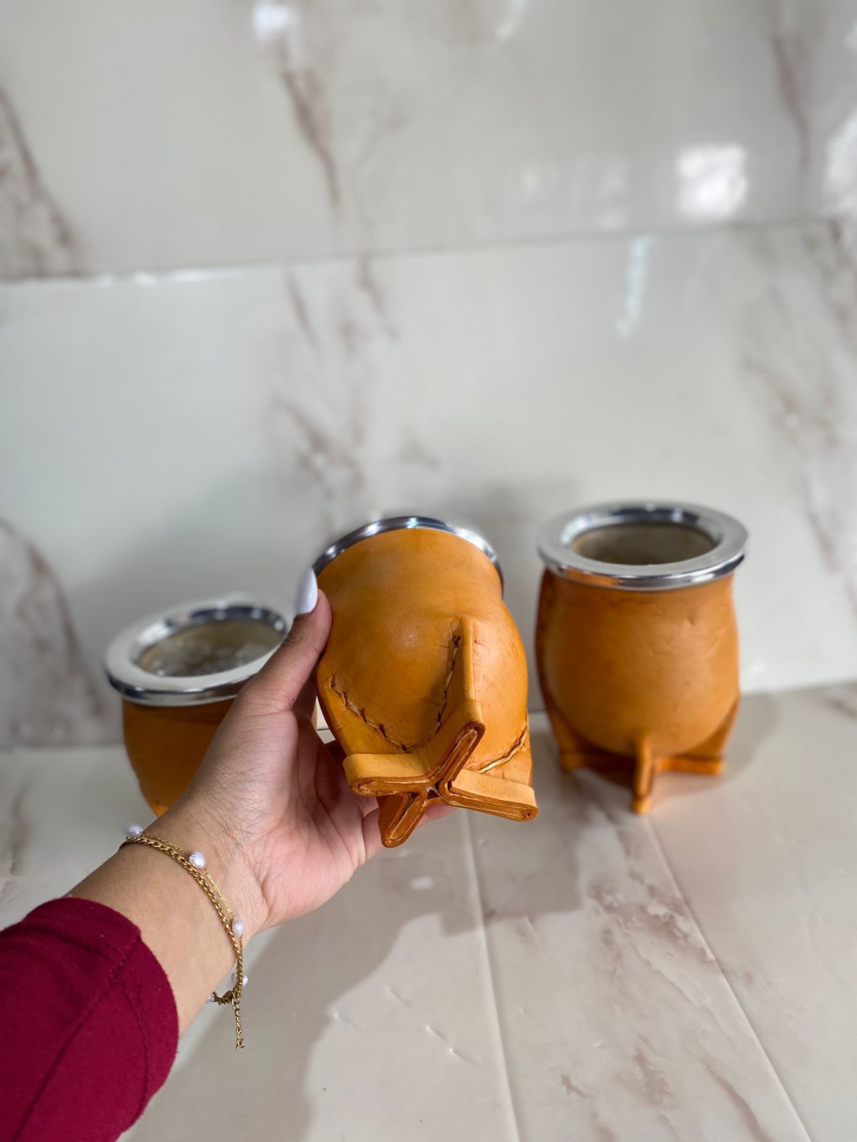 Mates vaqueta calidad premium, calabaza forrado en cuero con virola de aluminio (4 patitas reforzadas)