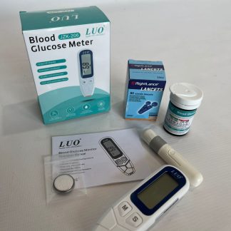 Medidor de glucosa marca LUO con tiras reactivas y lancetas