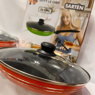 Sartén JEFFY LE CHEF 28 cm Antiadherente con Tapa de Vidrio y Espátula