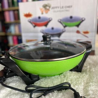 Olla electrica marca JEFFY LE CHEF con tapa de vidrio, 33cm, antiadherente y regulador de temperatura