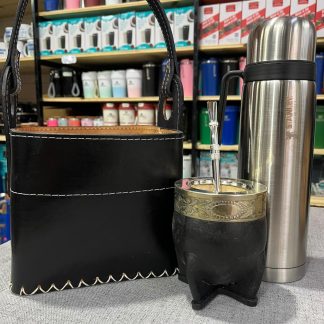 Combo matero Canasta 100% cuero Termo media manija Mate imperial de alpaca Bombilla clásica