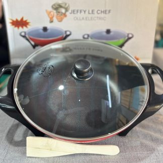 Olla eléctrica Marca JEFFY LE CHEF Incluye espátula de madera Tapa de vidrio
