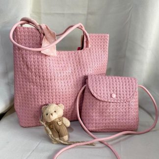 Set de carteras Estilo trenzado Cartera grande 36x32x10 Mini bandolera 21x18 Llavero de osito