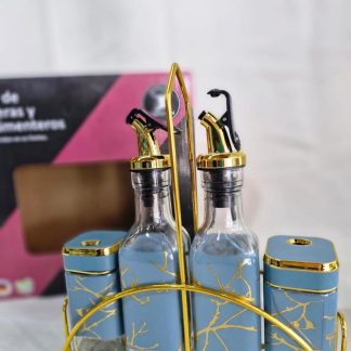 Set de Aceitero y Especiero 4 PCs Vidrio Efecto Mármol